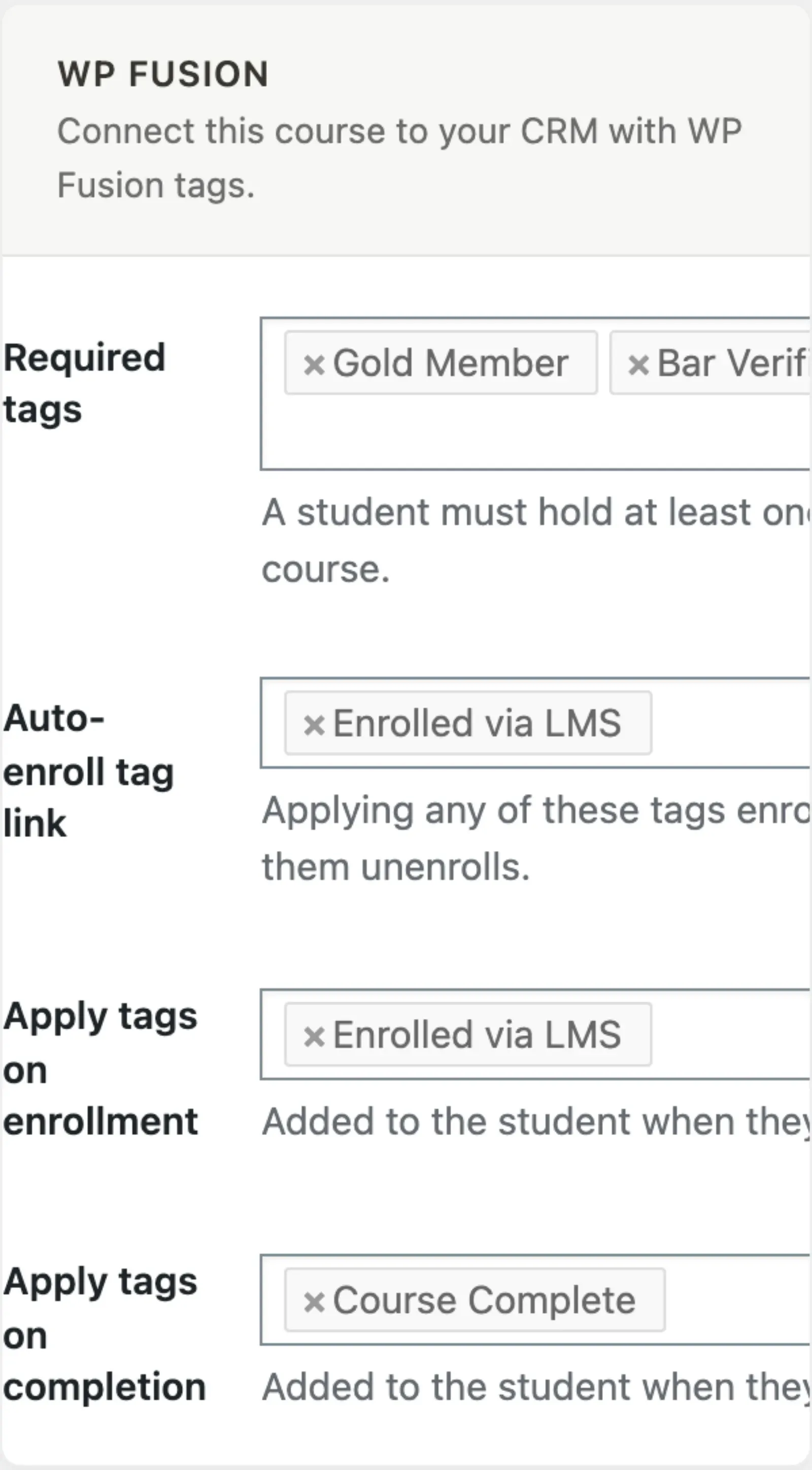 WP Fusion course rules panel