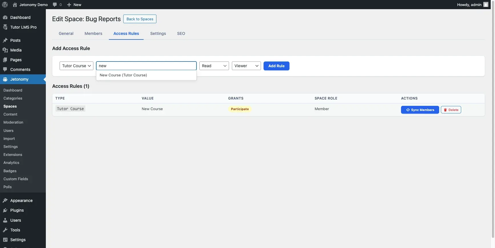 The Access Rules course picker with a searchable dropdown autocompleting course names as you type