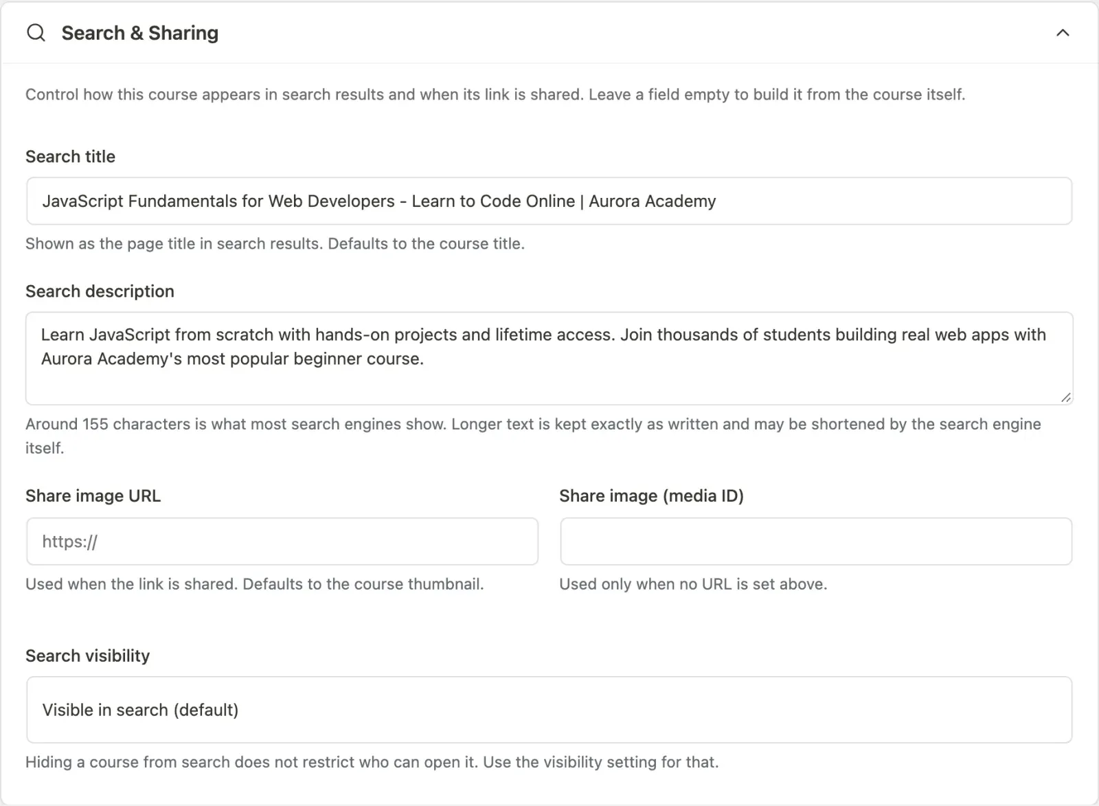 The SEO and sharing panel in the course editor