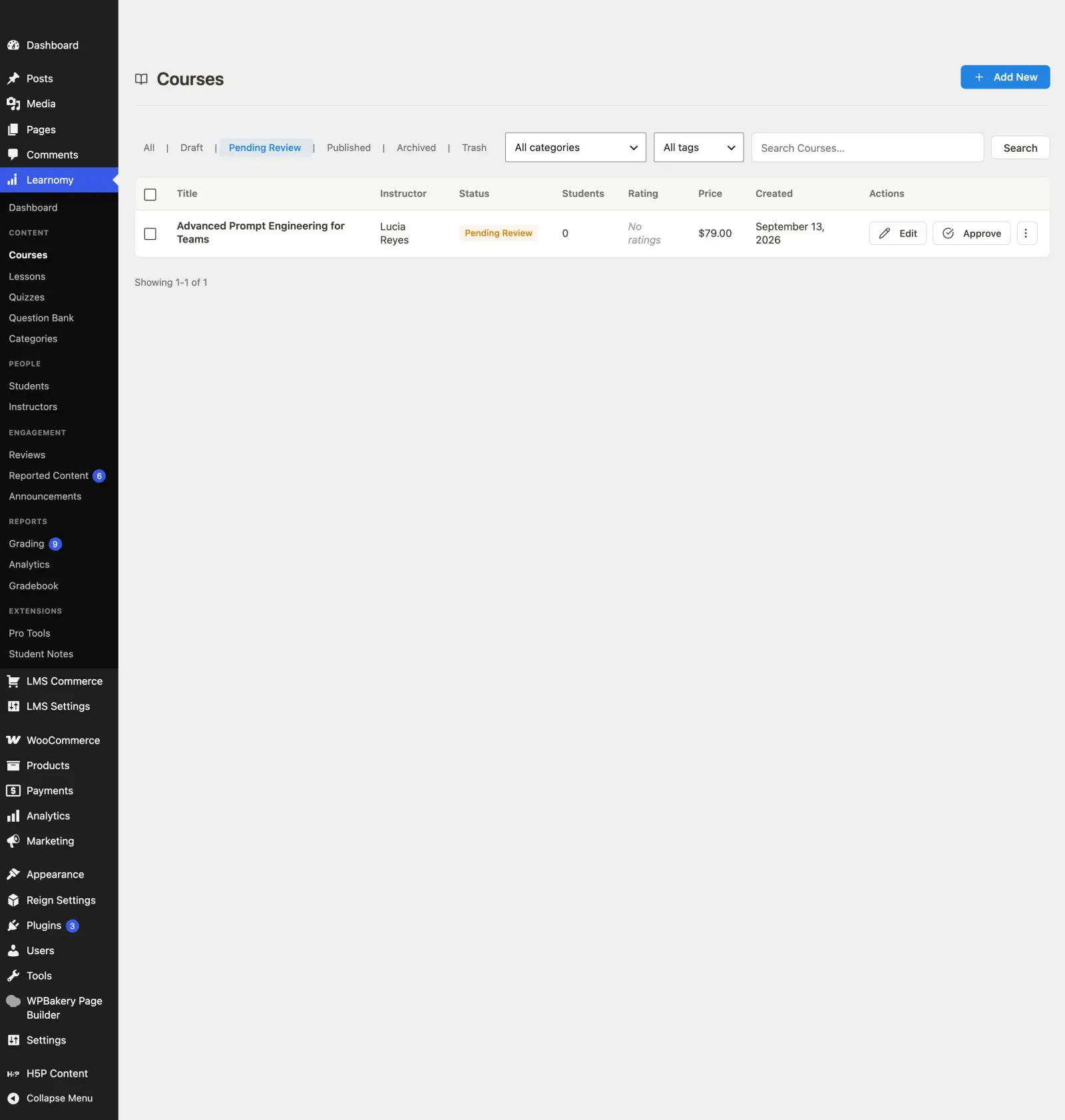 The Courses list filtered to Pending Review