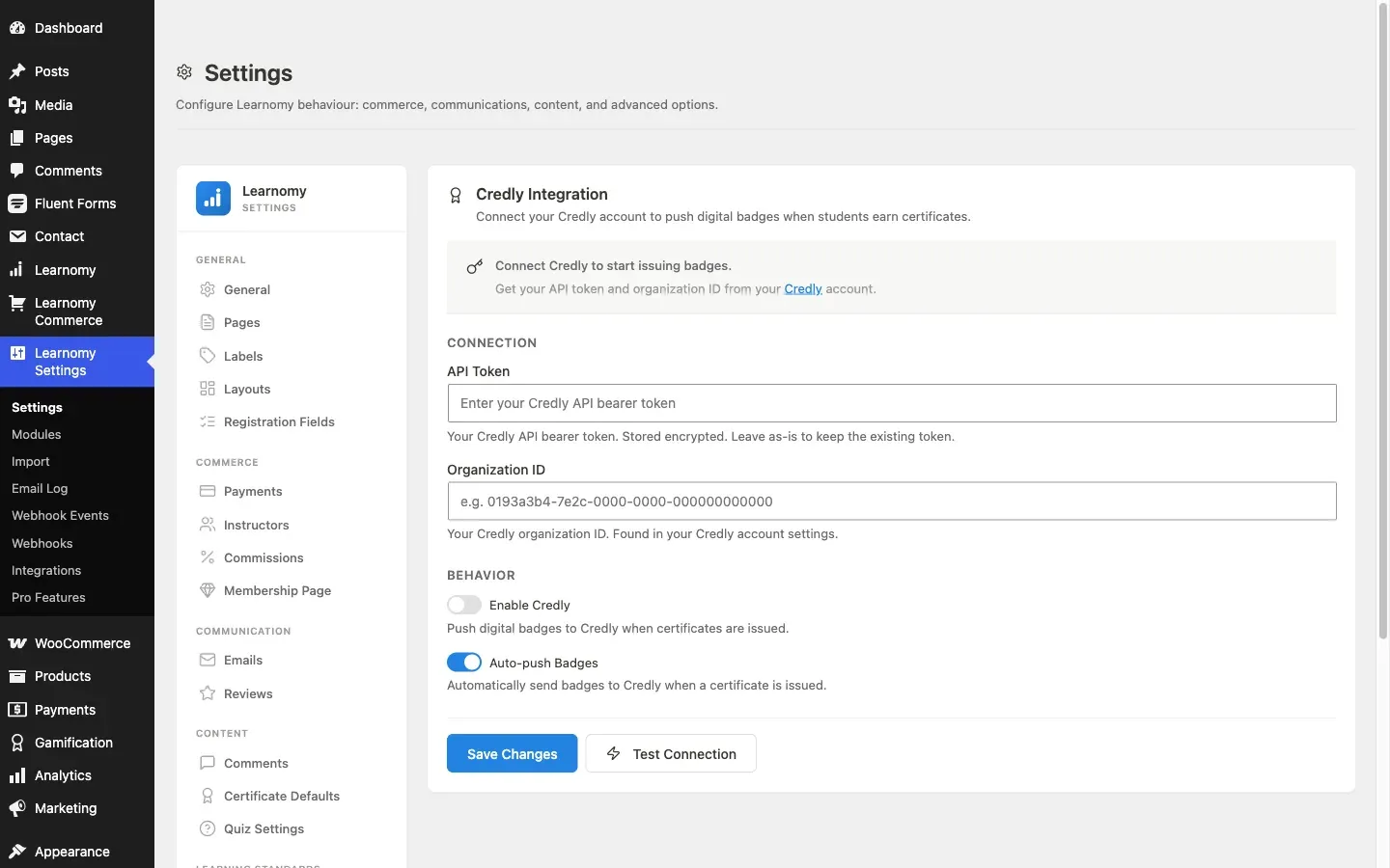 Learnomy Credly integration settings