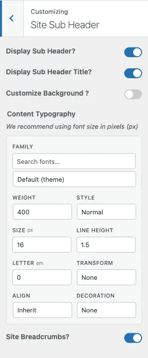 Sub-Header Settings
