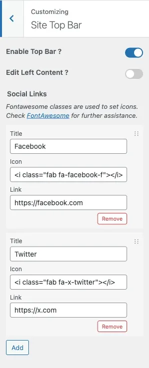 Site Top Bar Settings