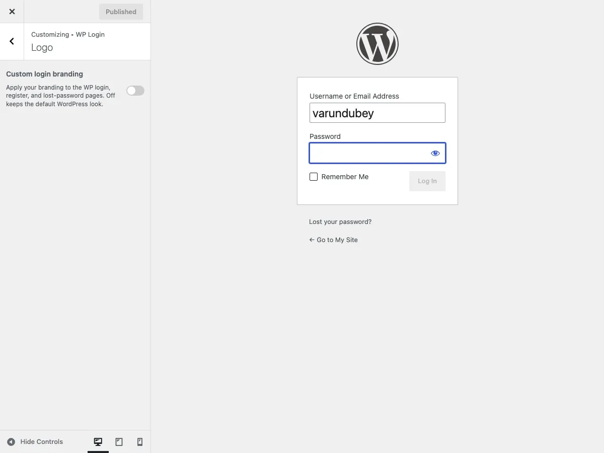 WP Login panel in the Customizer