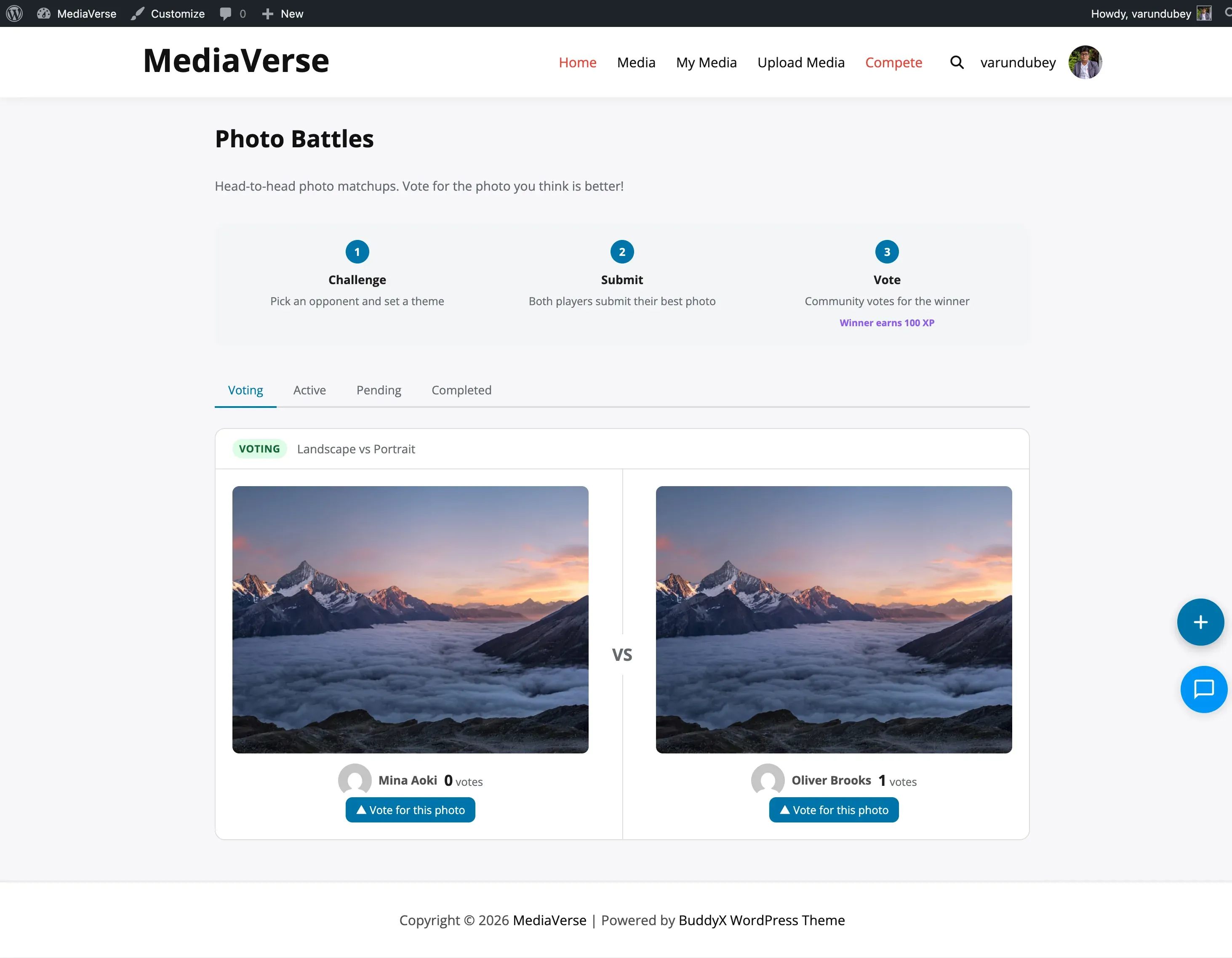 My Media dashboard with competition tabs