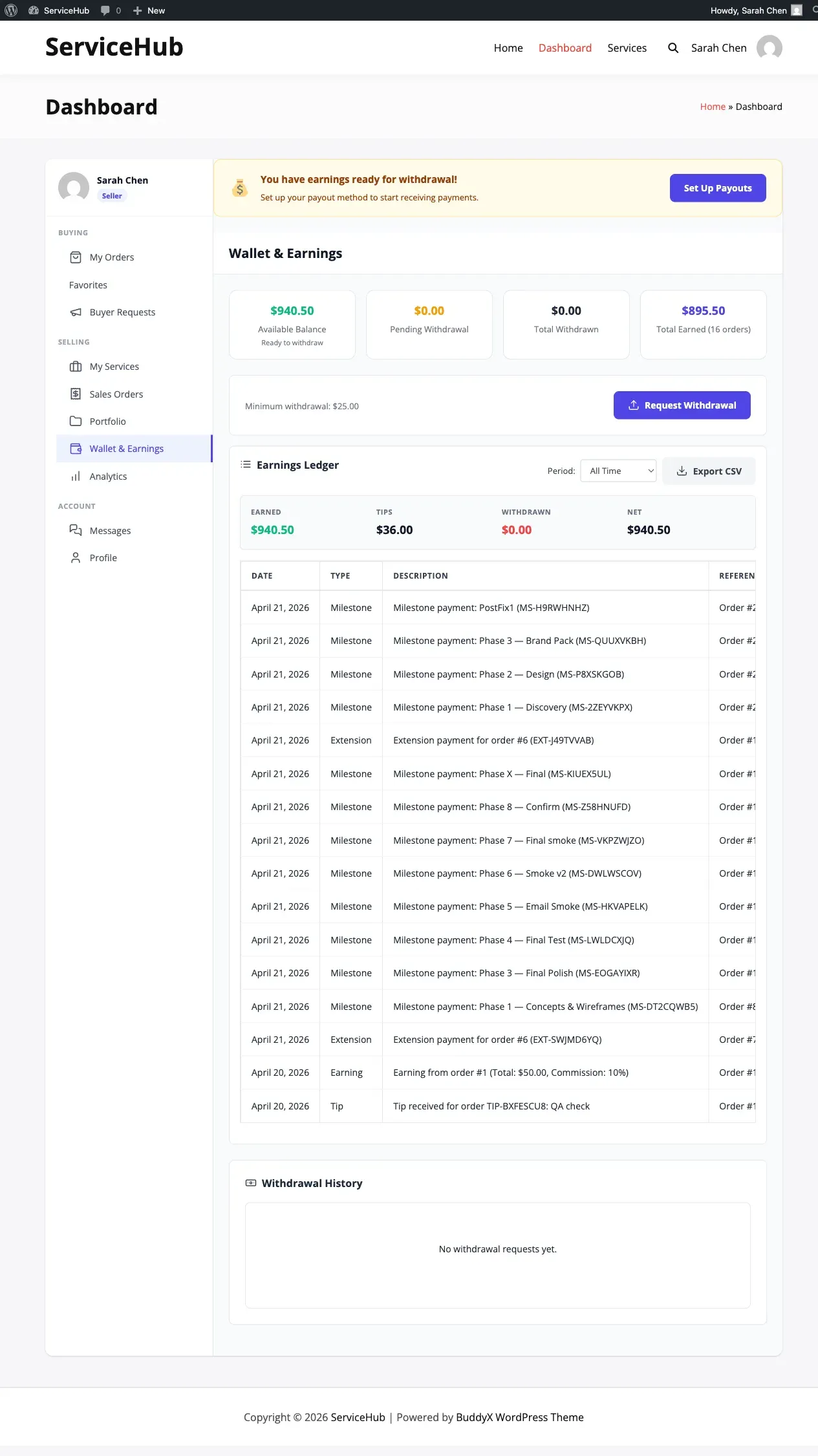 Earnings Ledger on the Wallet dashboard