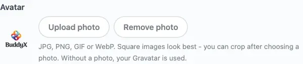 Avatar crop dialog open with the image preview, zoom slider, and Crop and upload button