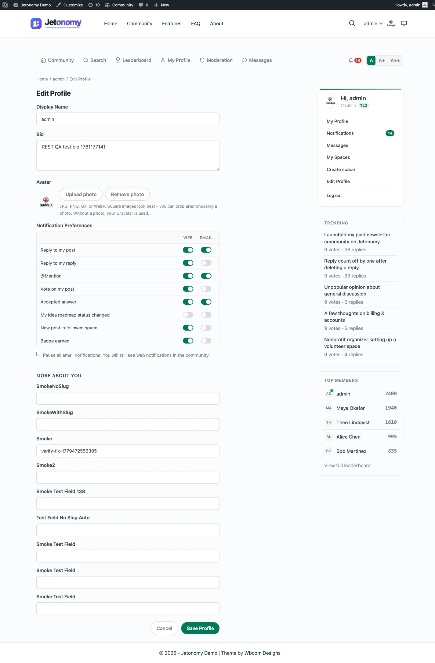 Edit Profile Notifications tab showing the per-type Web and Email toggle grid with the Pause all email notifications switch below it