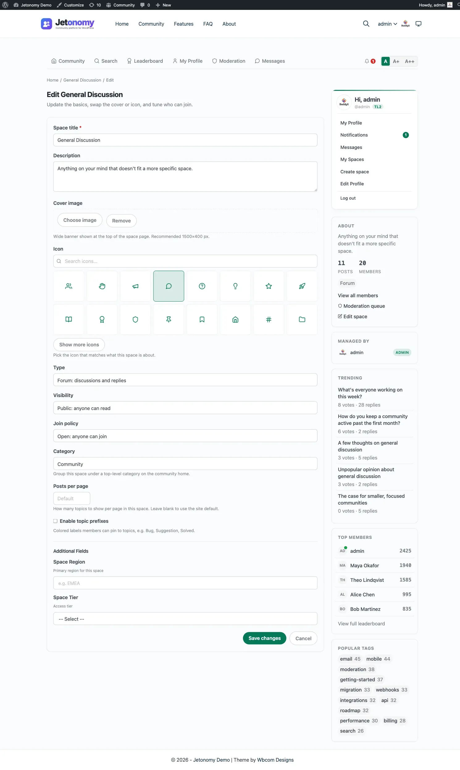 Front-end Edit Space page at /community/s/<slug>/edit/ with the Edit space button visible in the space header and the editable fields below