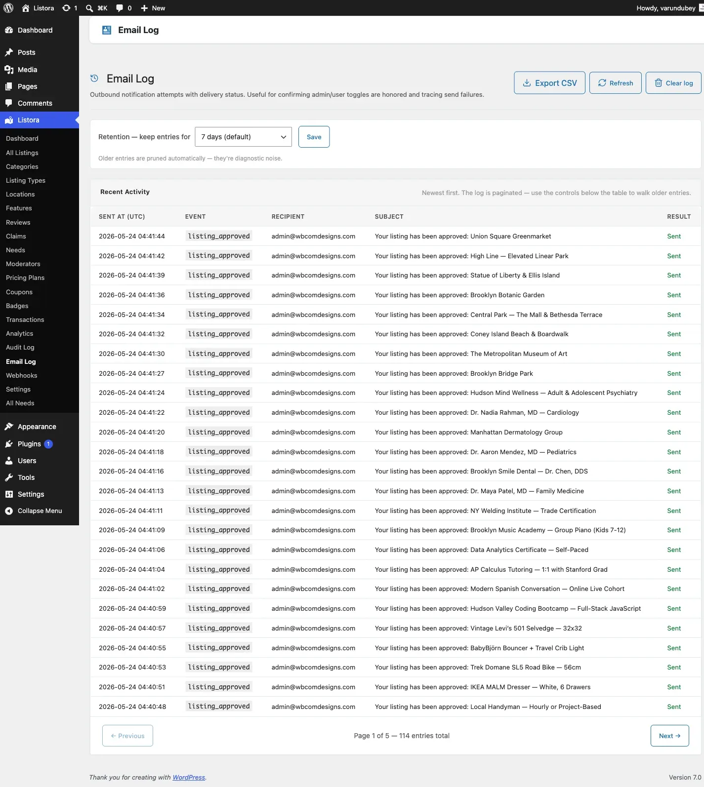 Email Log - admin page with retention selector + recent activity table