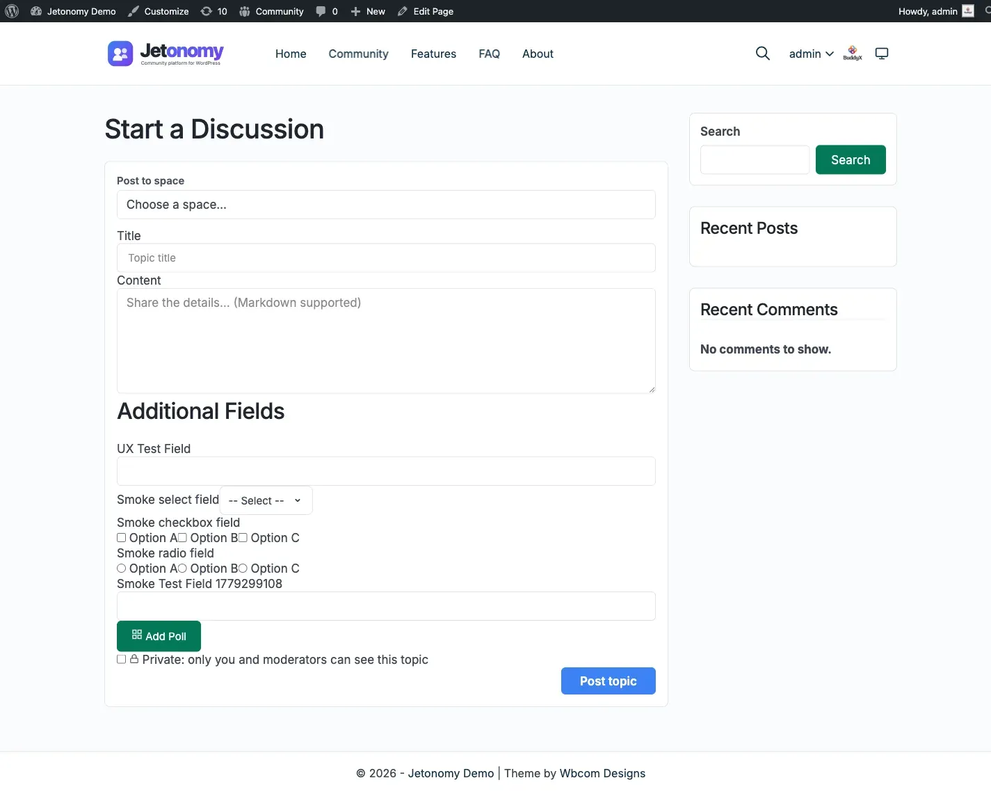 Compose Topic shortcode rendered on a regular WordPress page