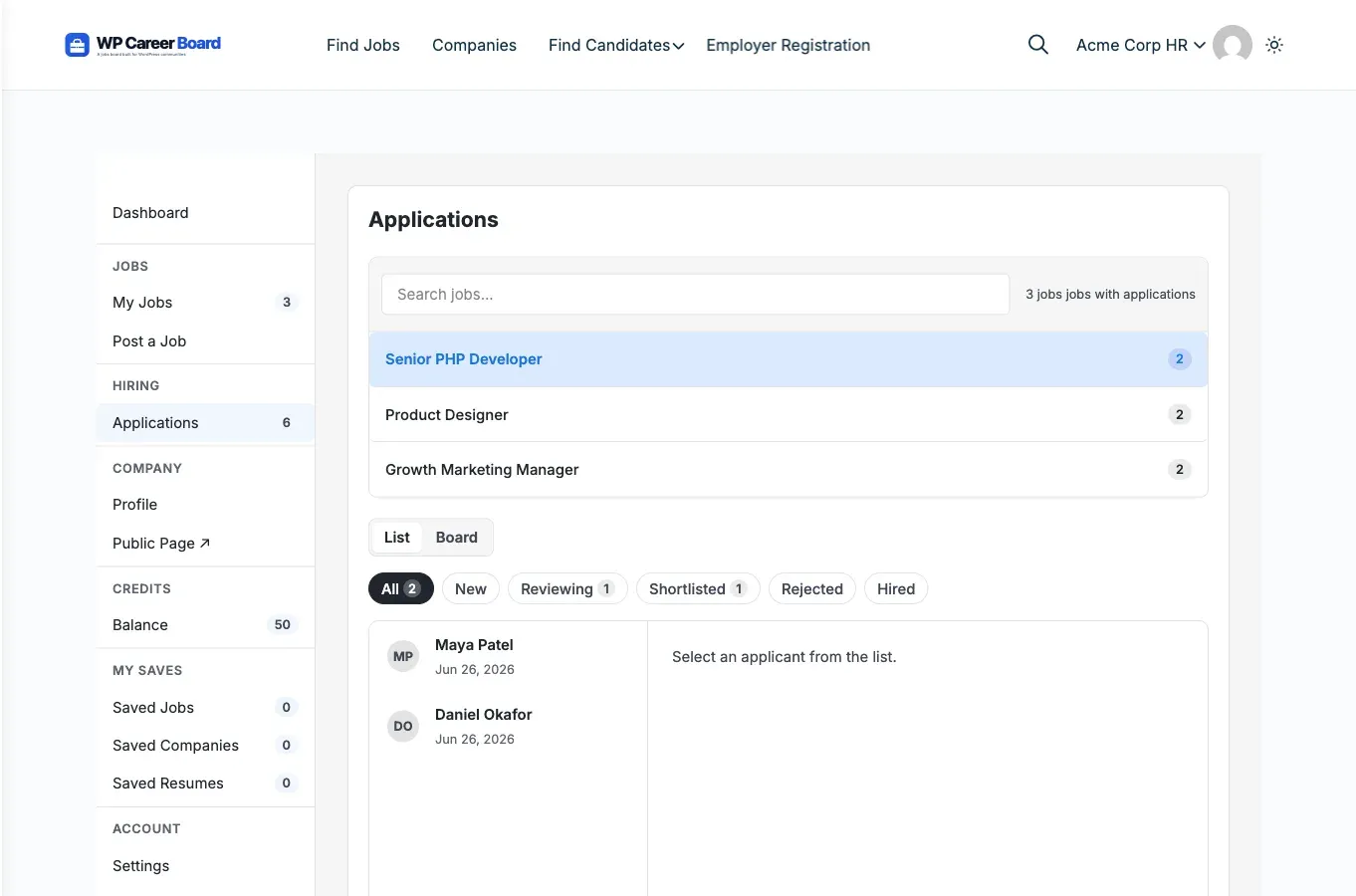 Employer dashboard applications