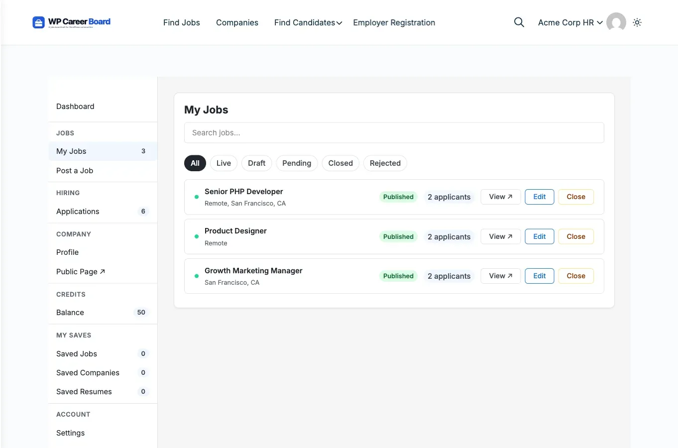 Employer Dashboard - My Jobs Tab
