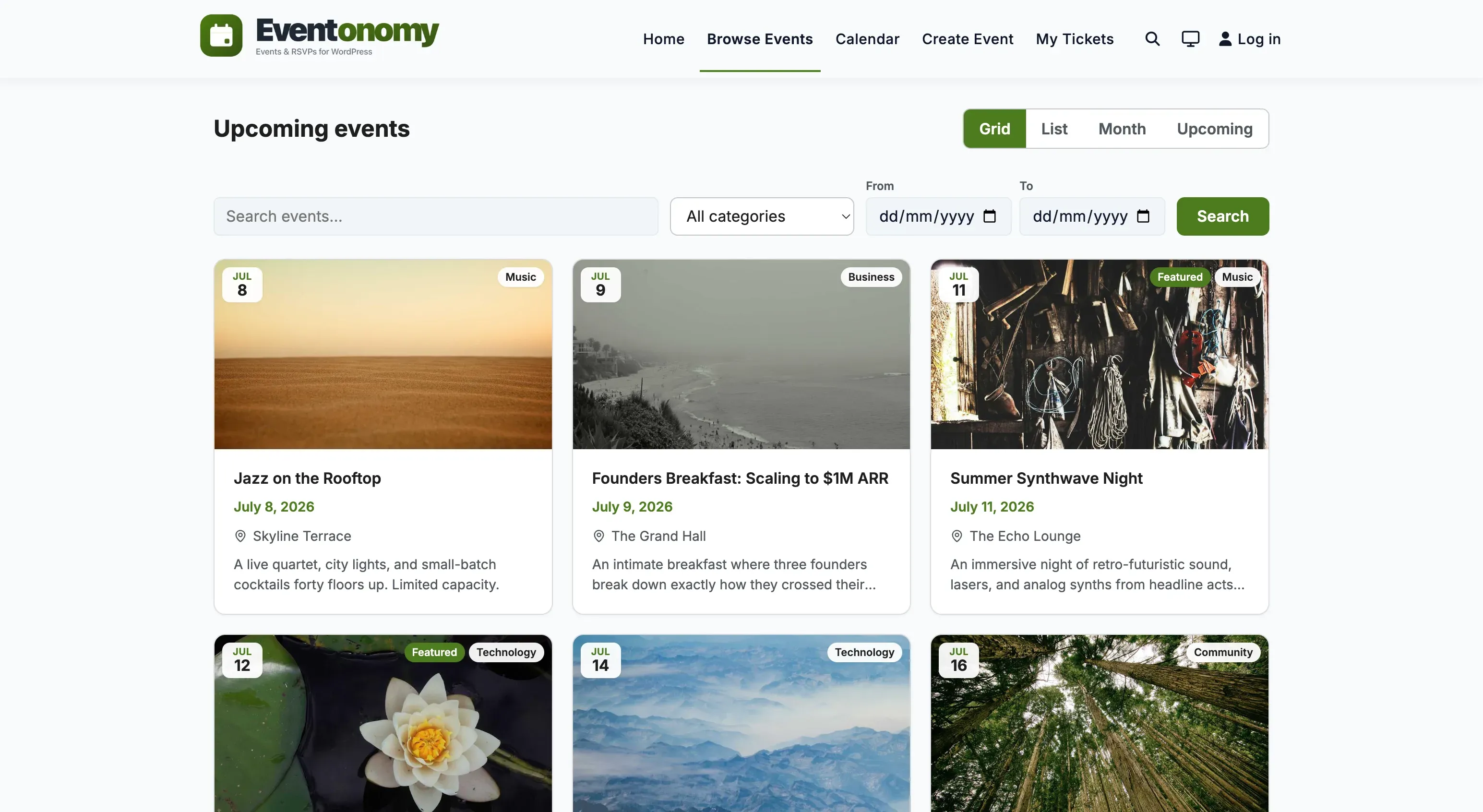 Events page showing the view switcher with Grid selected