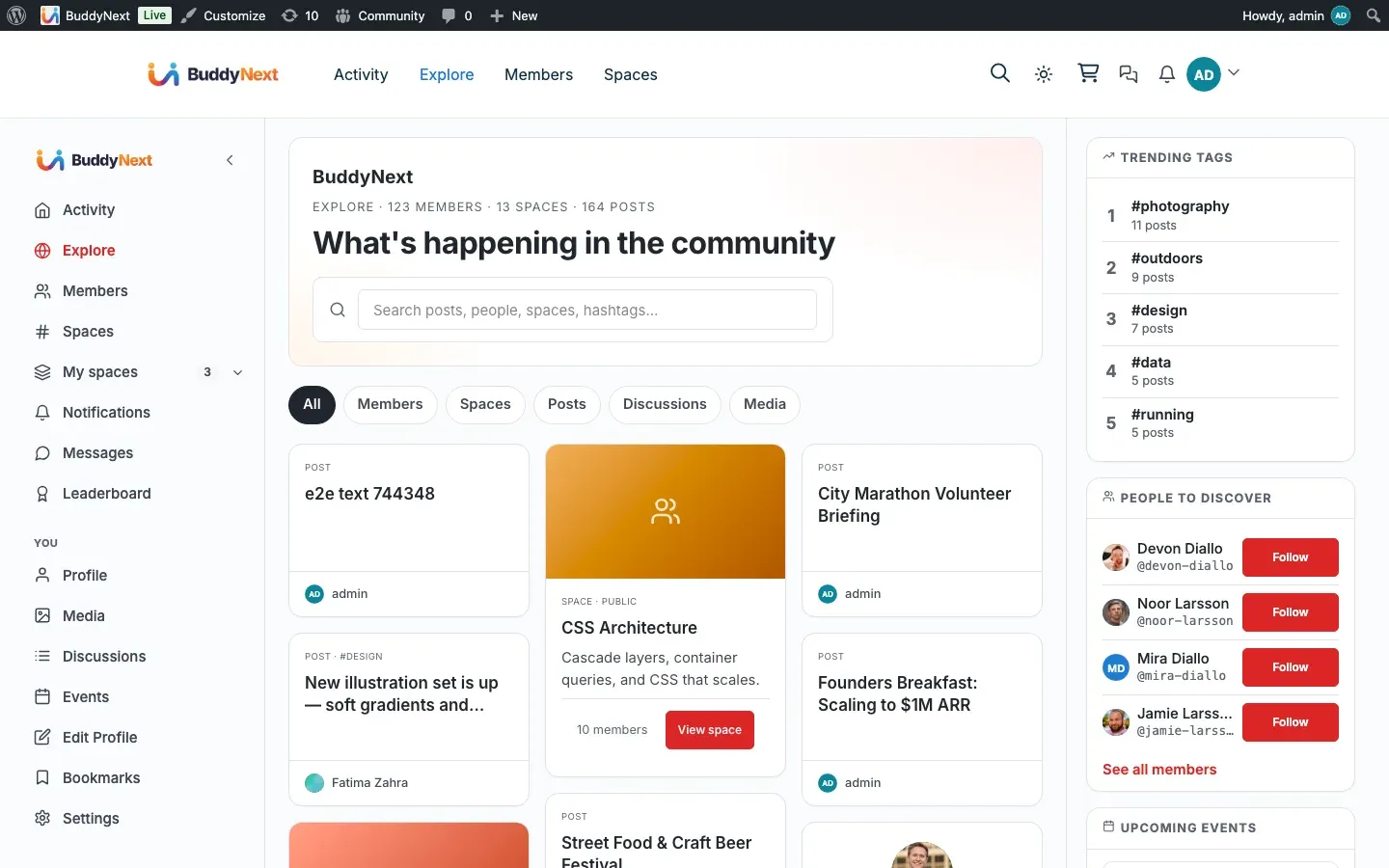 The BuddyNext Explore feed showing public activity from across the whole community