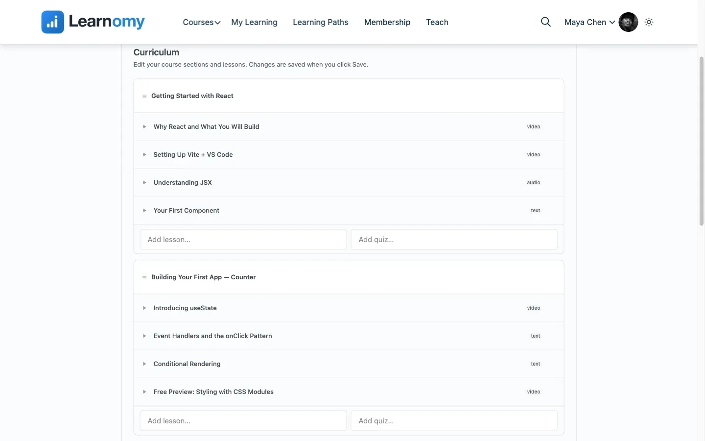 The Learnomy front-end course builder