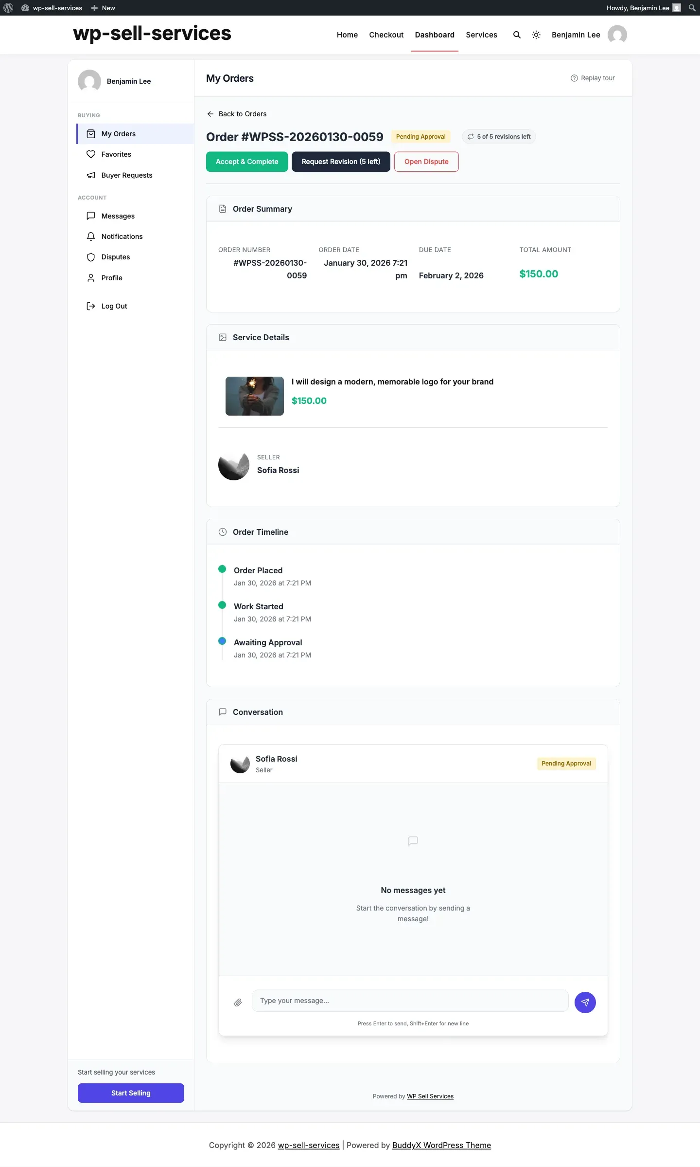A buyer’s order awaiting approval, with Accept, Request Revision and Open Dispute