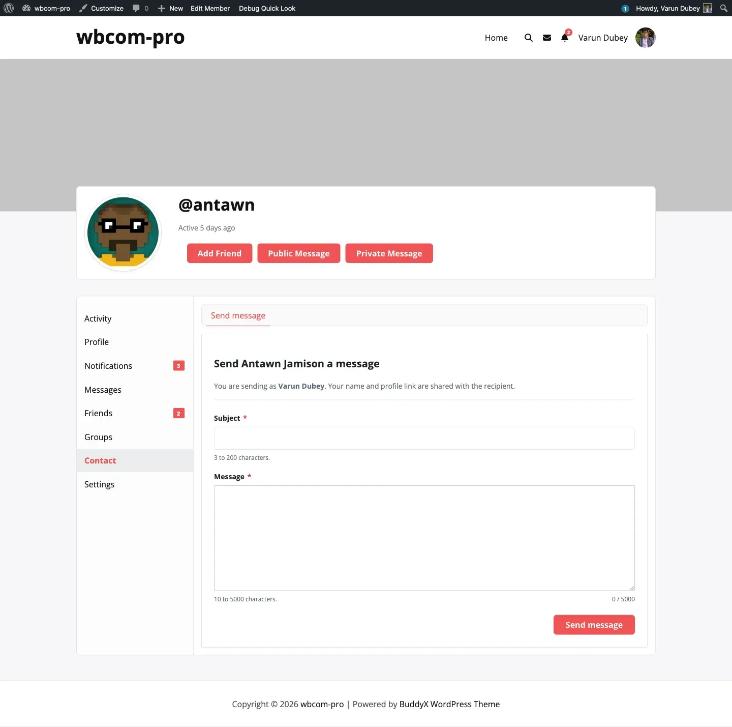 Contact form on a member profile