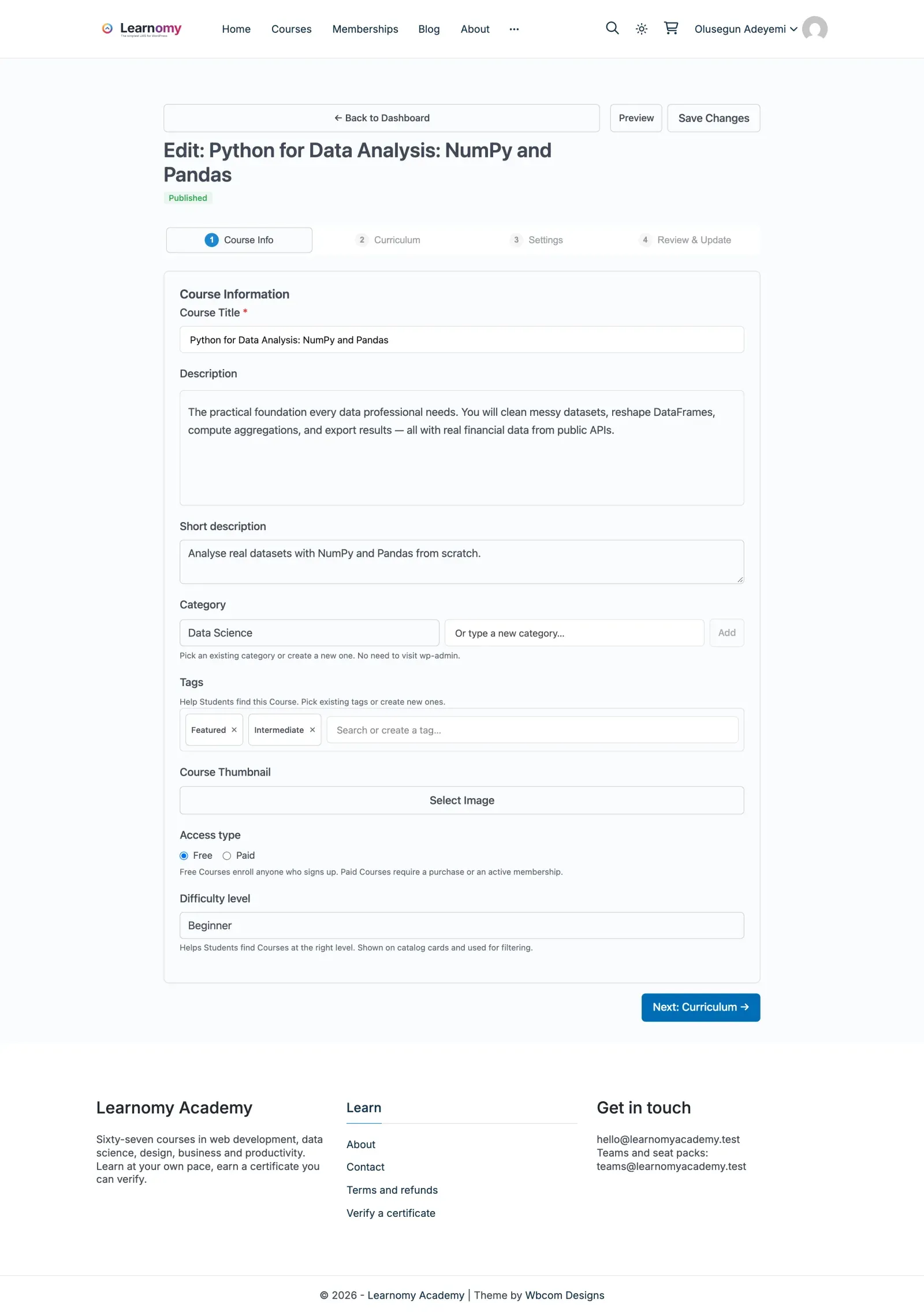 Editing an existing course from the front end