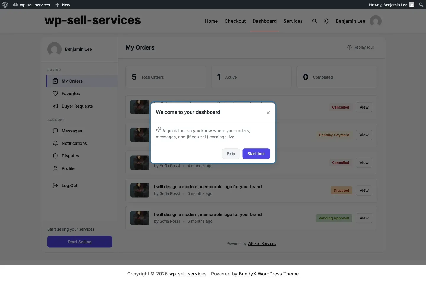 The welcome tour shown on a user’s first dashboard visit