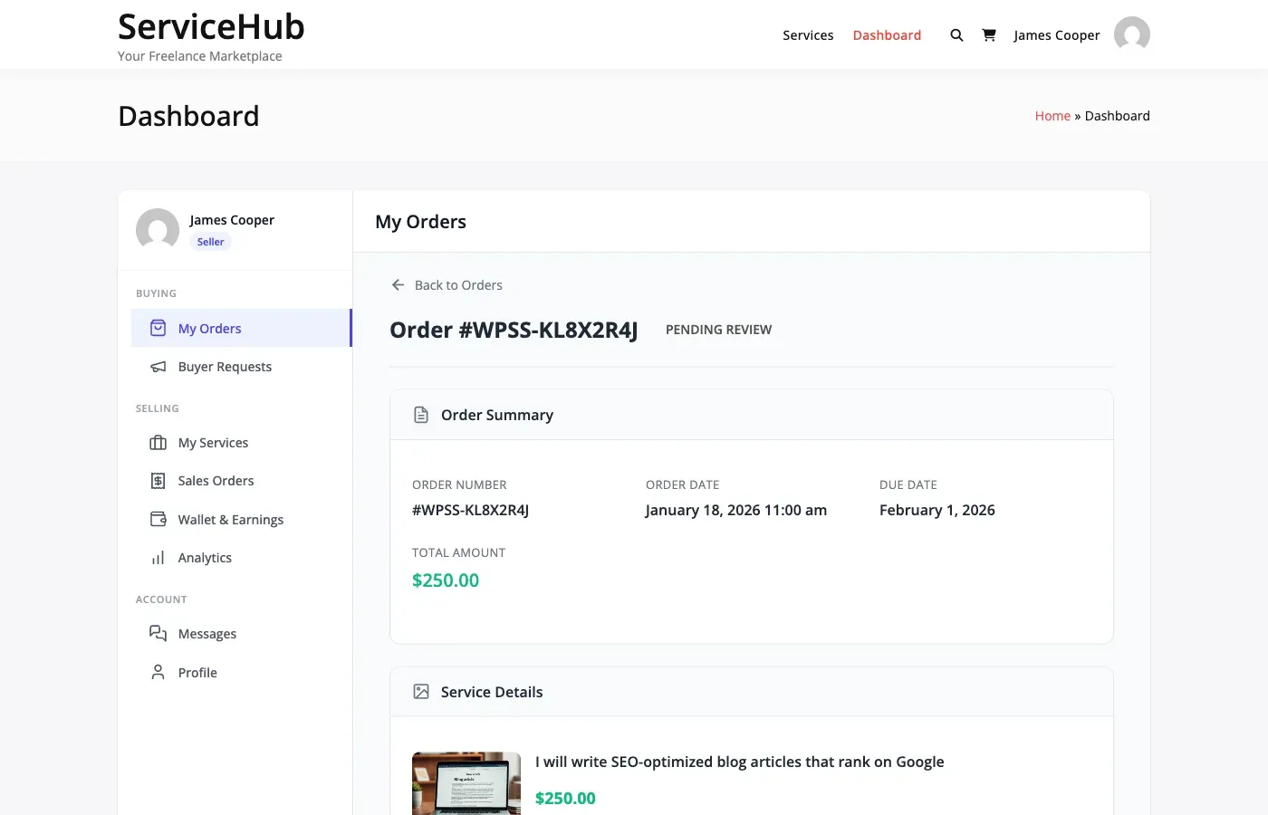 Delivery review interface where buyer can accept, revise, or dispute
