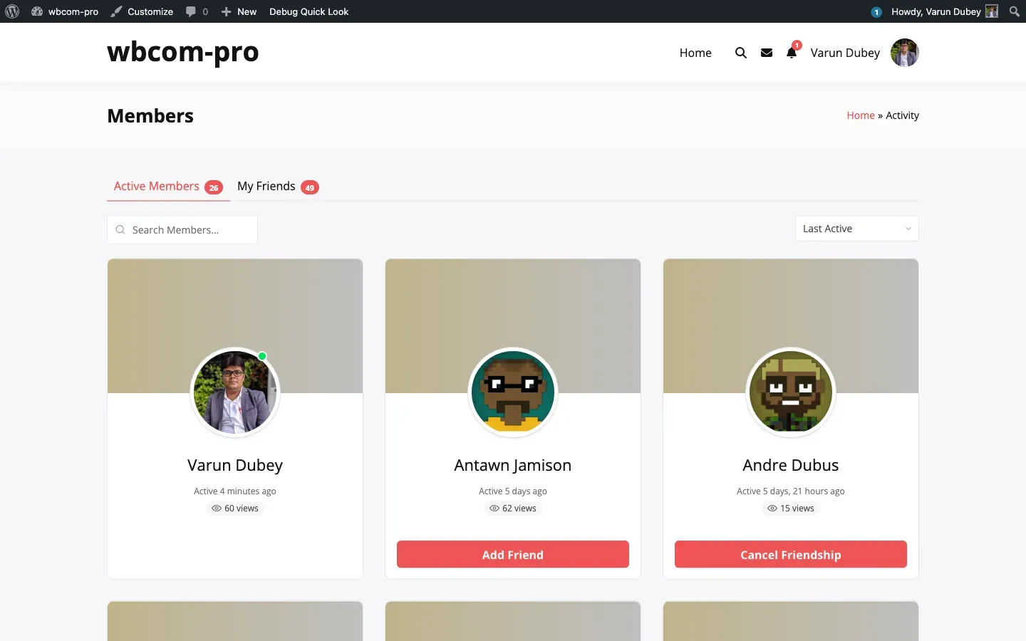 Members directory with view-count badges