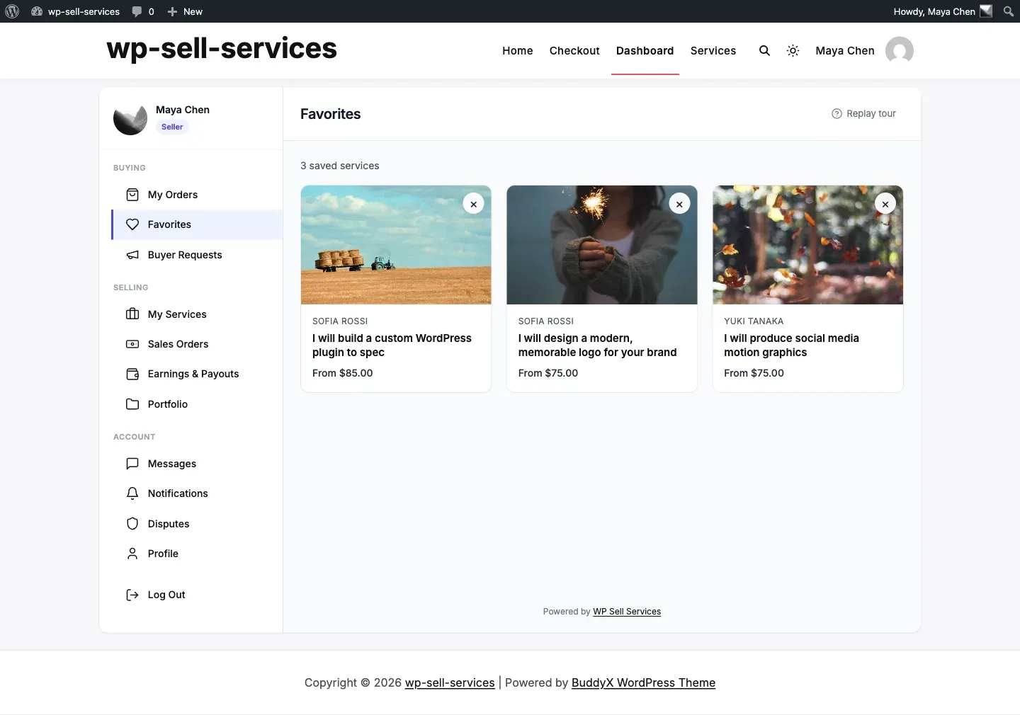 Saved services in the Favorites section, showing live prices