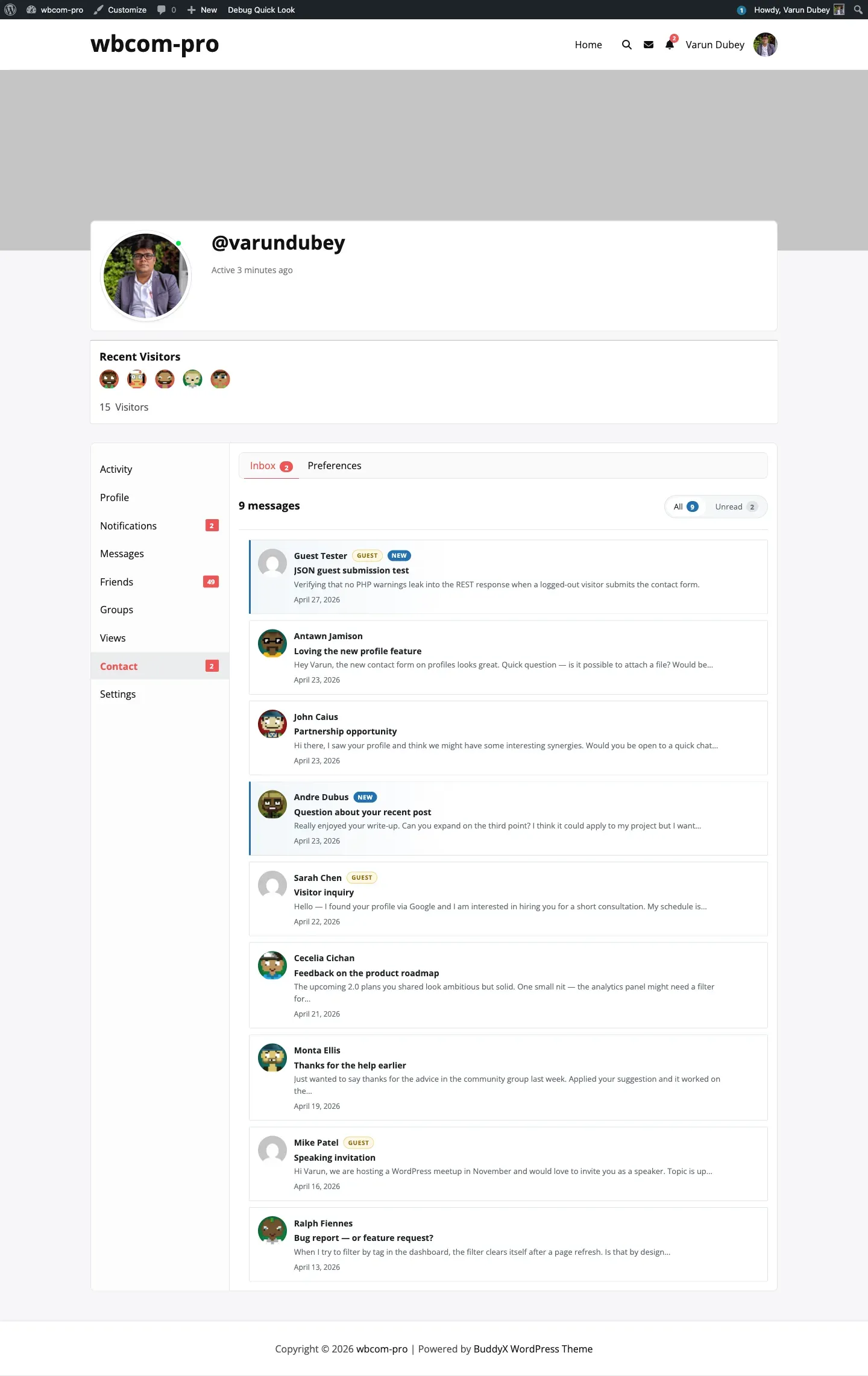 Member inbox listing