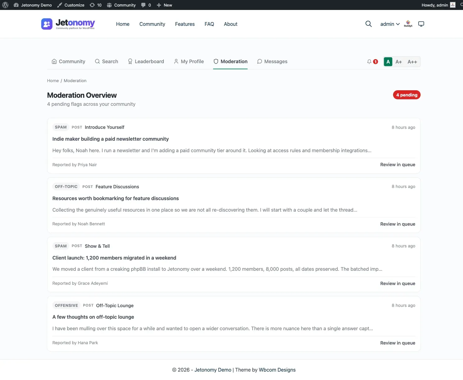 Frontend moderation dashboard at /community/mod/ as a space moderator sees it, scoped to their own spaces