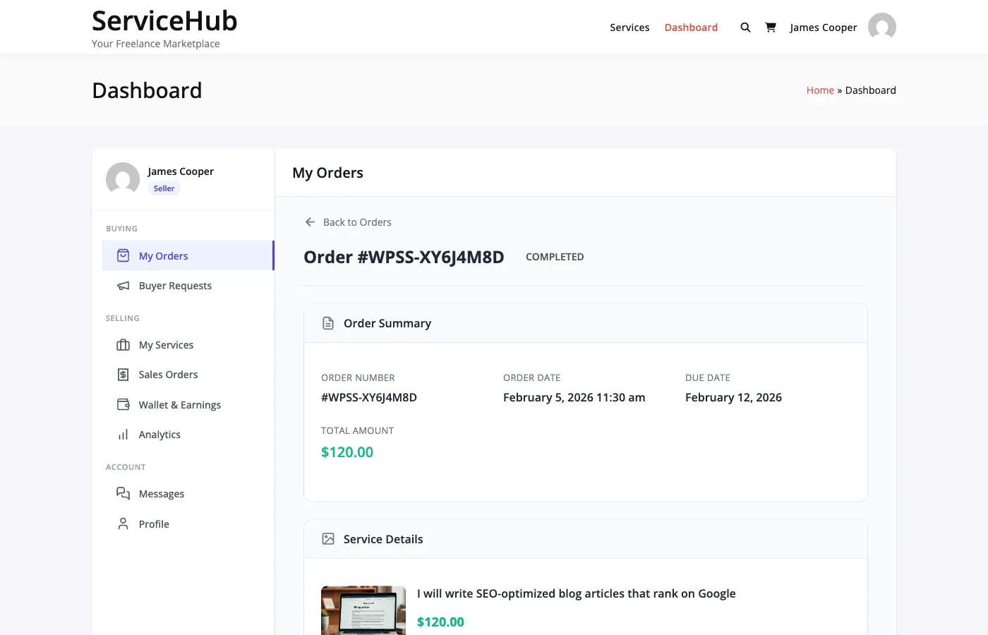Order confirmation screen after accepting delivery