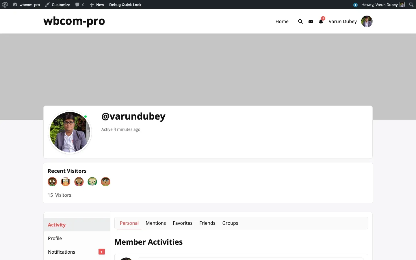 Recent Visitors strip on the profile header