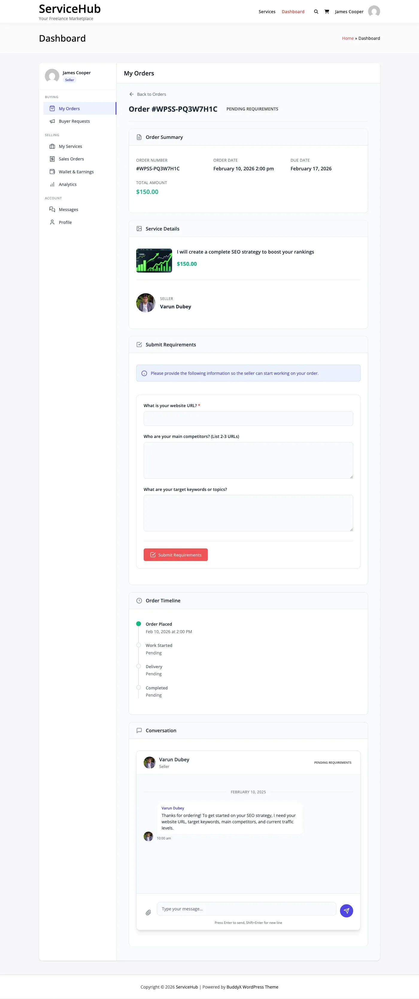Requirements form fields displayed on the order page