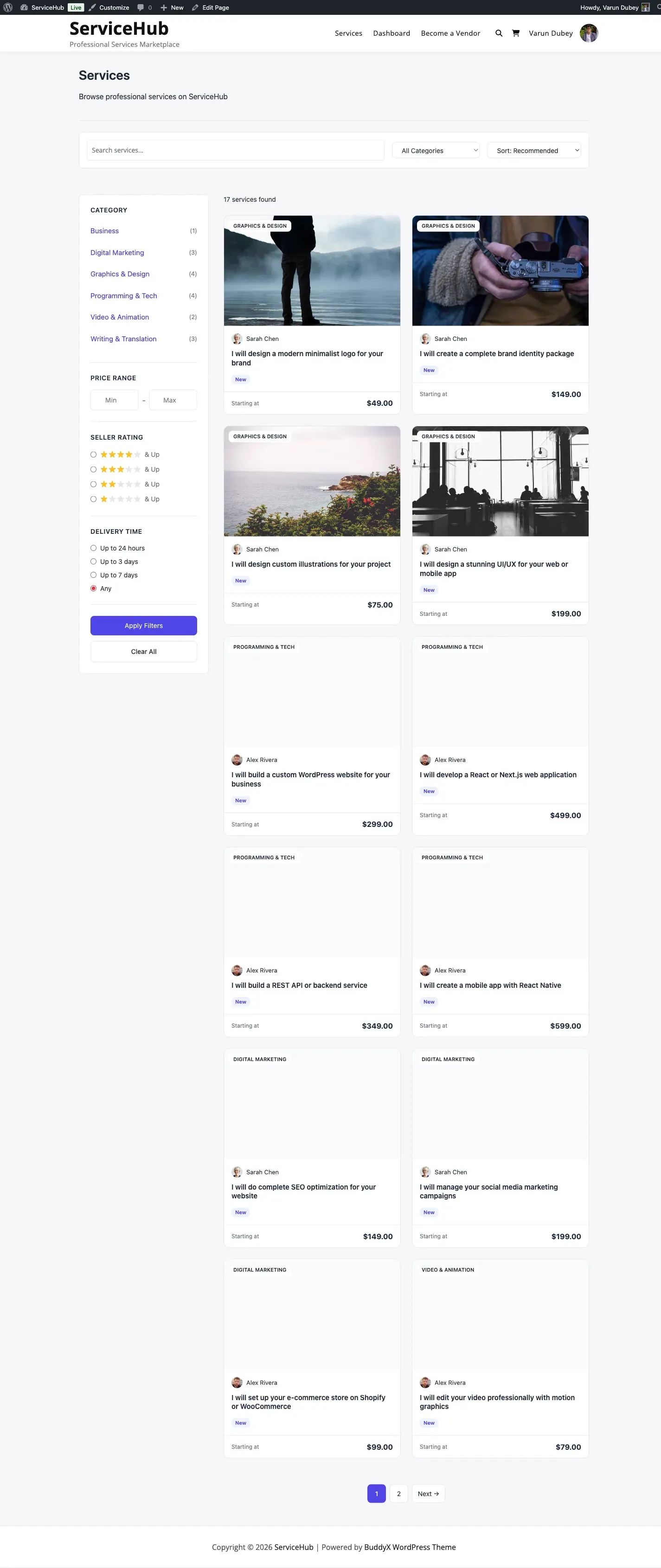 Services catalog with search and filters