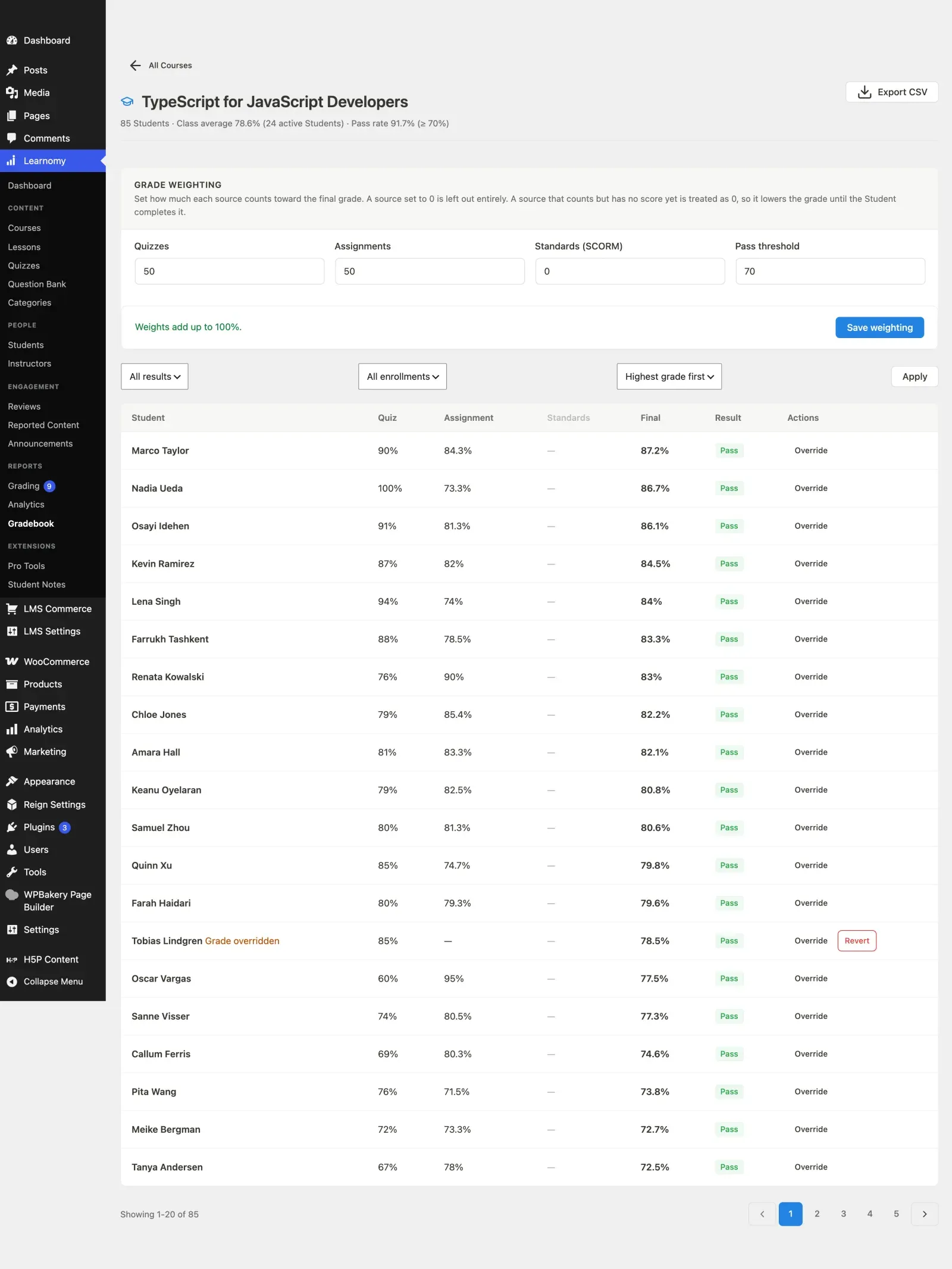 A course gradebook with weighting and the student grid