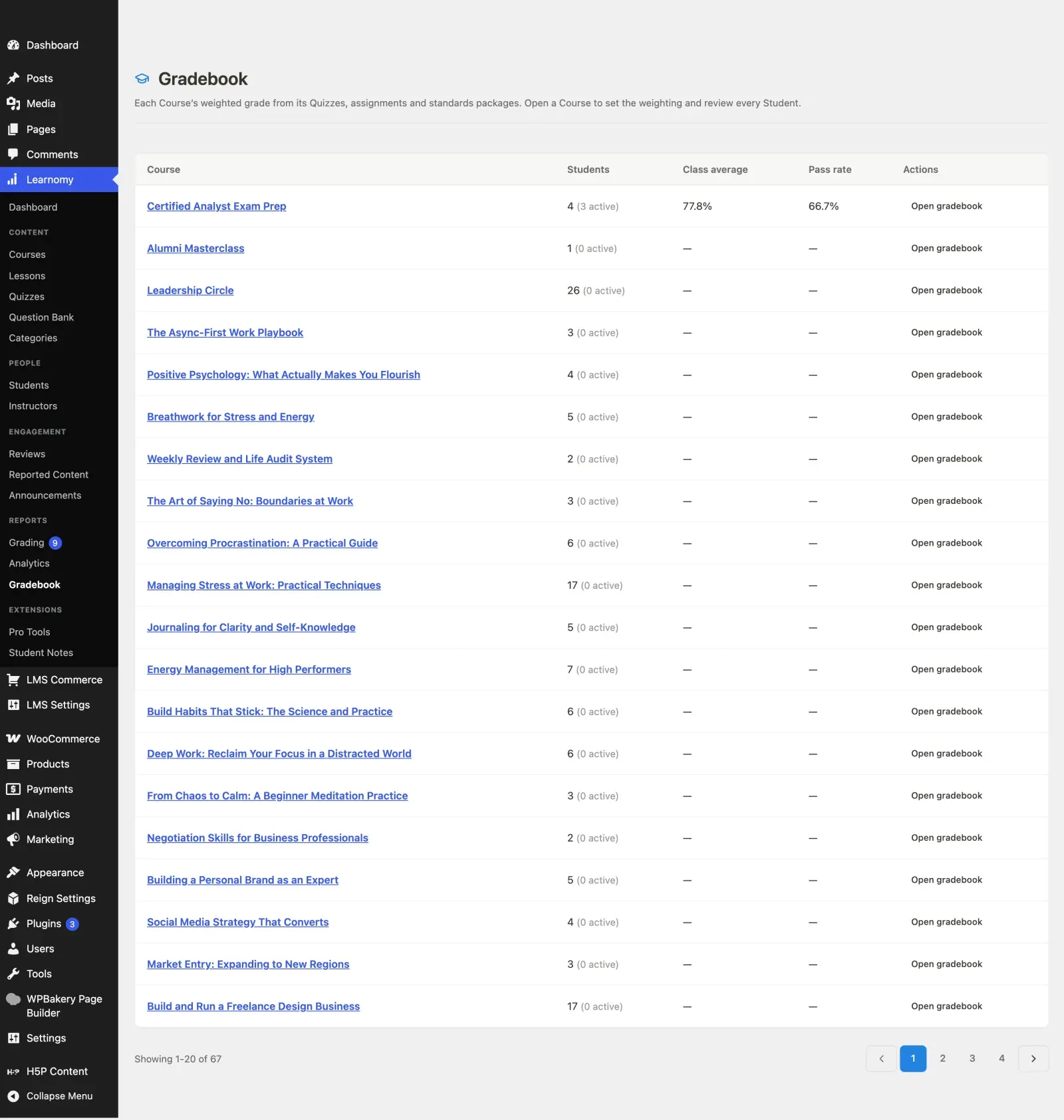 The Gradebook course list