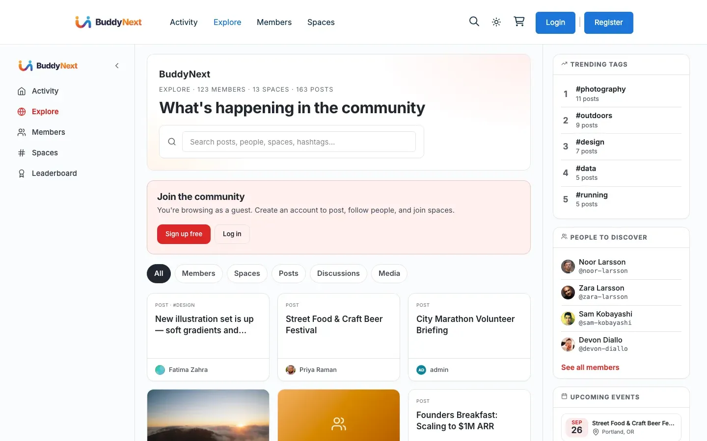 A logged-out guest browsing the Explore page, with a “Join the community” prompt and Sign up / Log in buttons