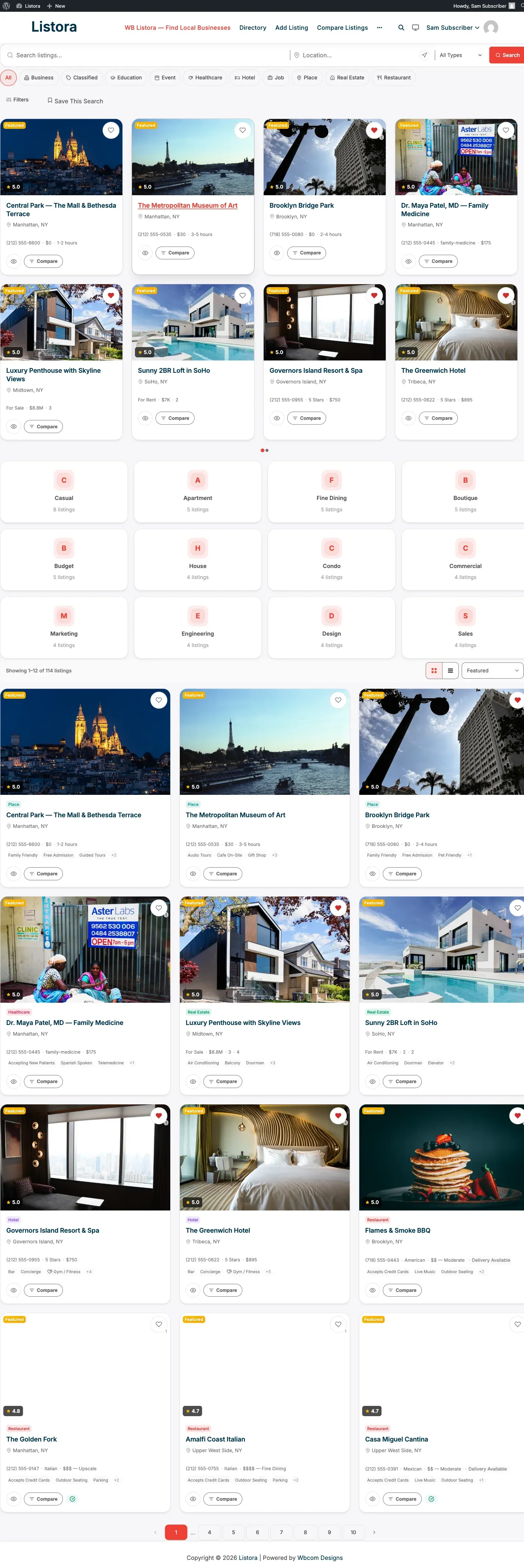 WB Listora - directory site homepage on the modernized 1.0.5 UI