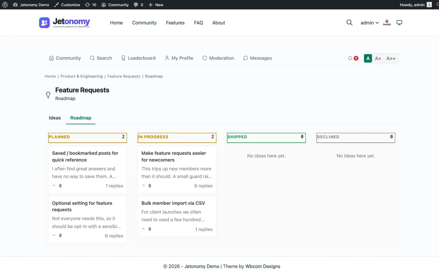 Ideas roadmap view with four status lanes - Planned, In Progress, Shipped, and Declined - each holding idea cards sorted by vote score