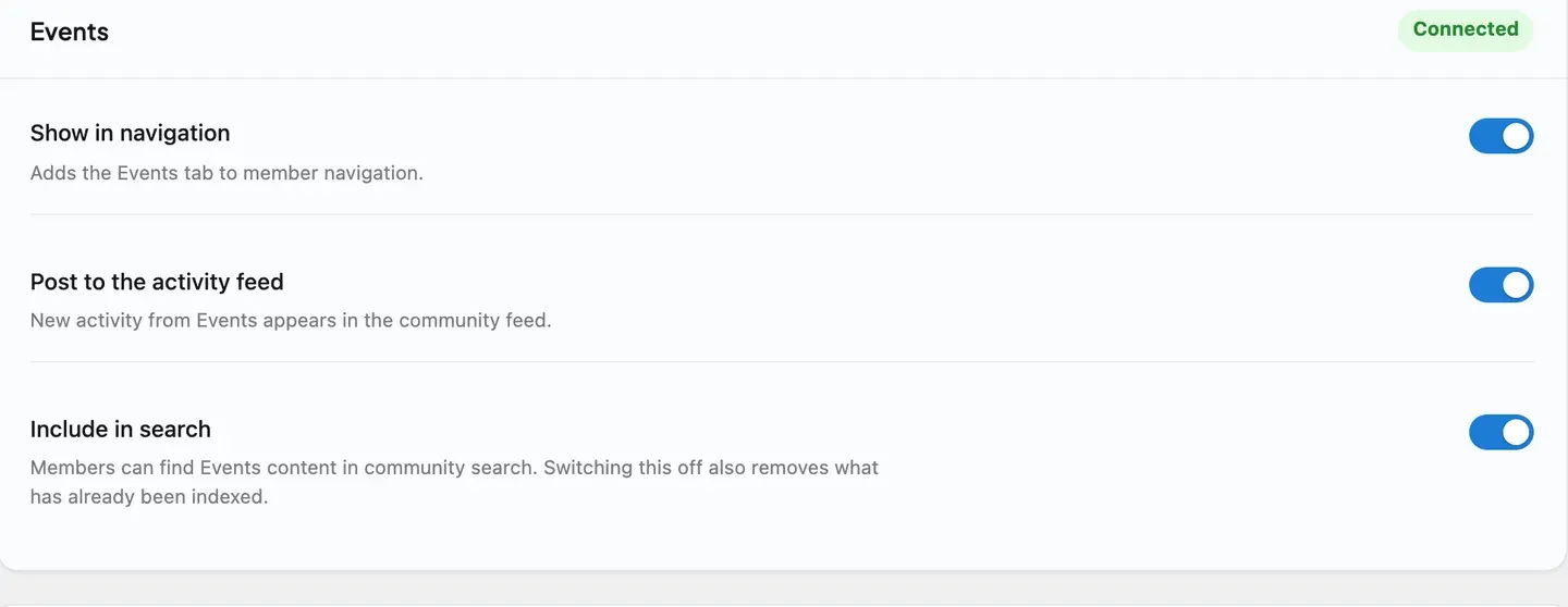 Eventonomy’s surfacing controls under BuddyNext > Platform > Integration Settings - navigation, activity feed, and community search switches
