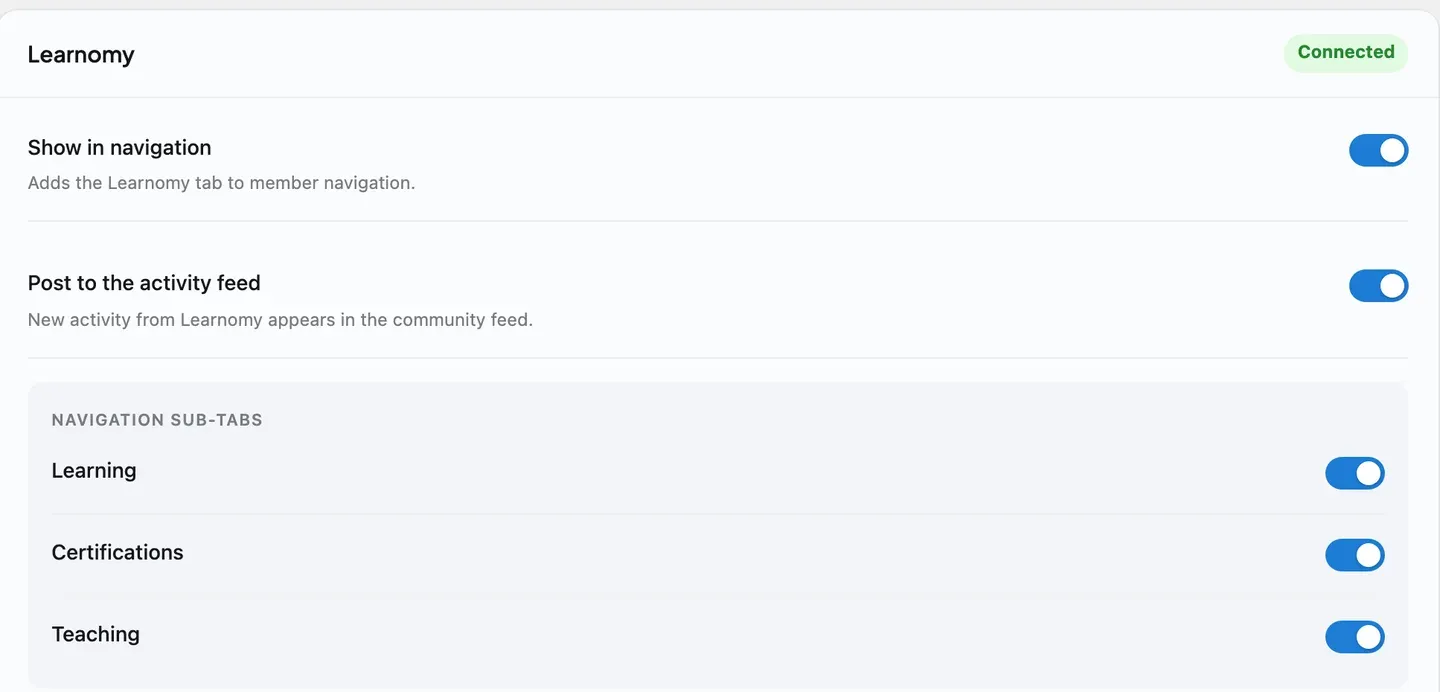 Learnomy’s surfacing controls under BuddyNext > Platform > Integration Settings - navigation, feed activity, and the Learning, Certifications and Teaching profile sub-tabs