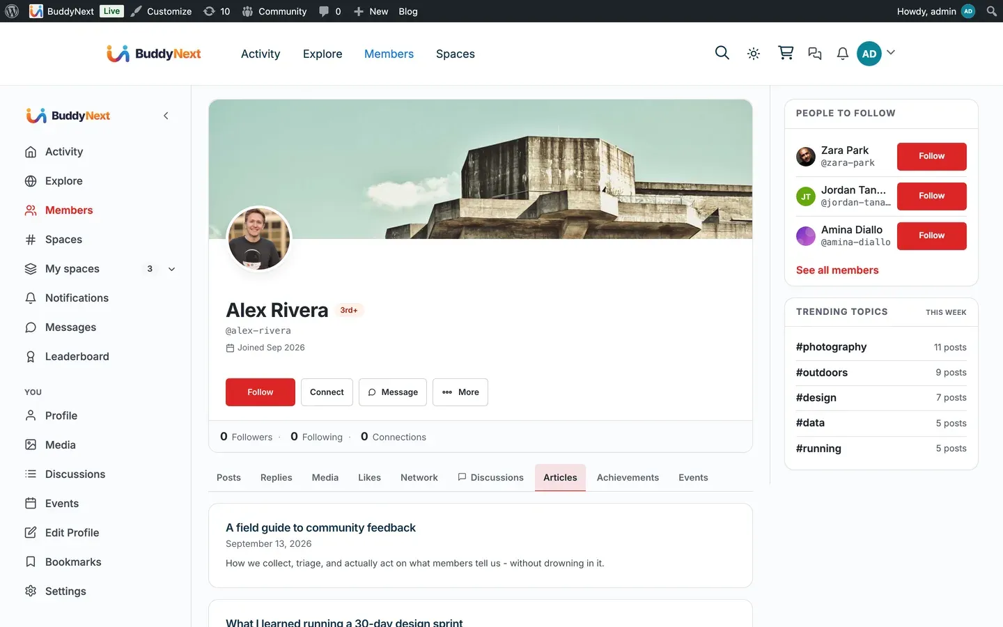 The Articles tab on a member’s profile, listing the posts that member has published from the front end