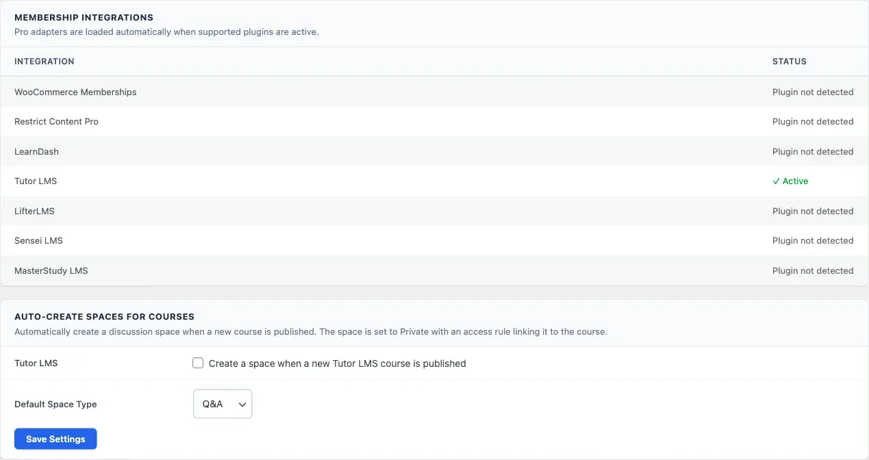 Jetonomy Settings - Integrations tab showing the integration status table and the Auto-Create Spaces for Courses card
