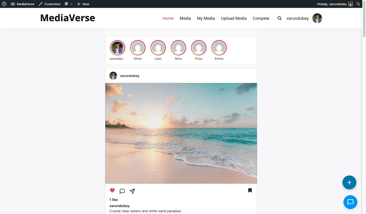 Instagram layout with recent uploaders bar and vertical card feed