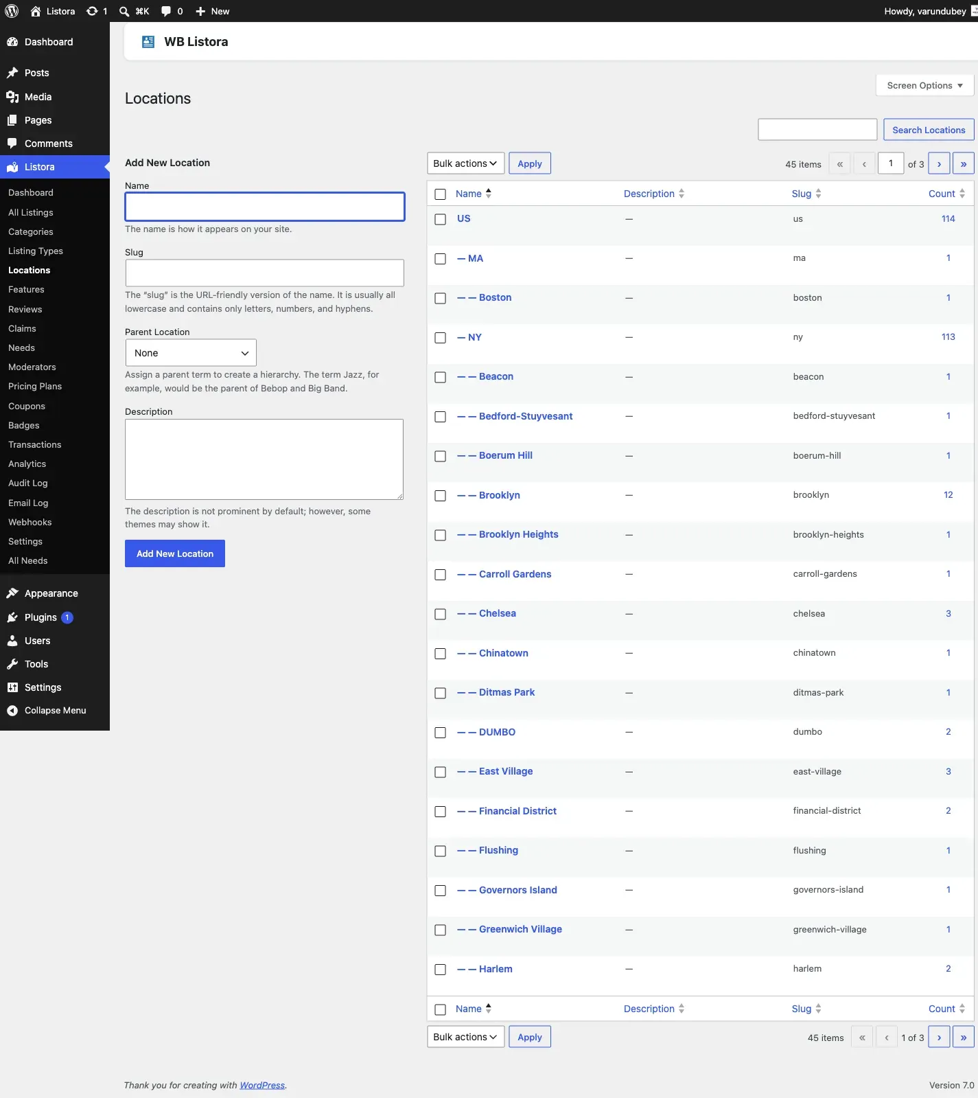 Locations - admin page showing the Country → State → City hierarchy with listing counts