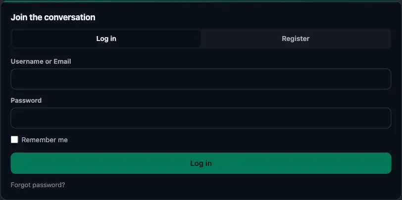 The Login block staying light while the surrounding community page is in dark mode