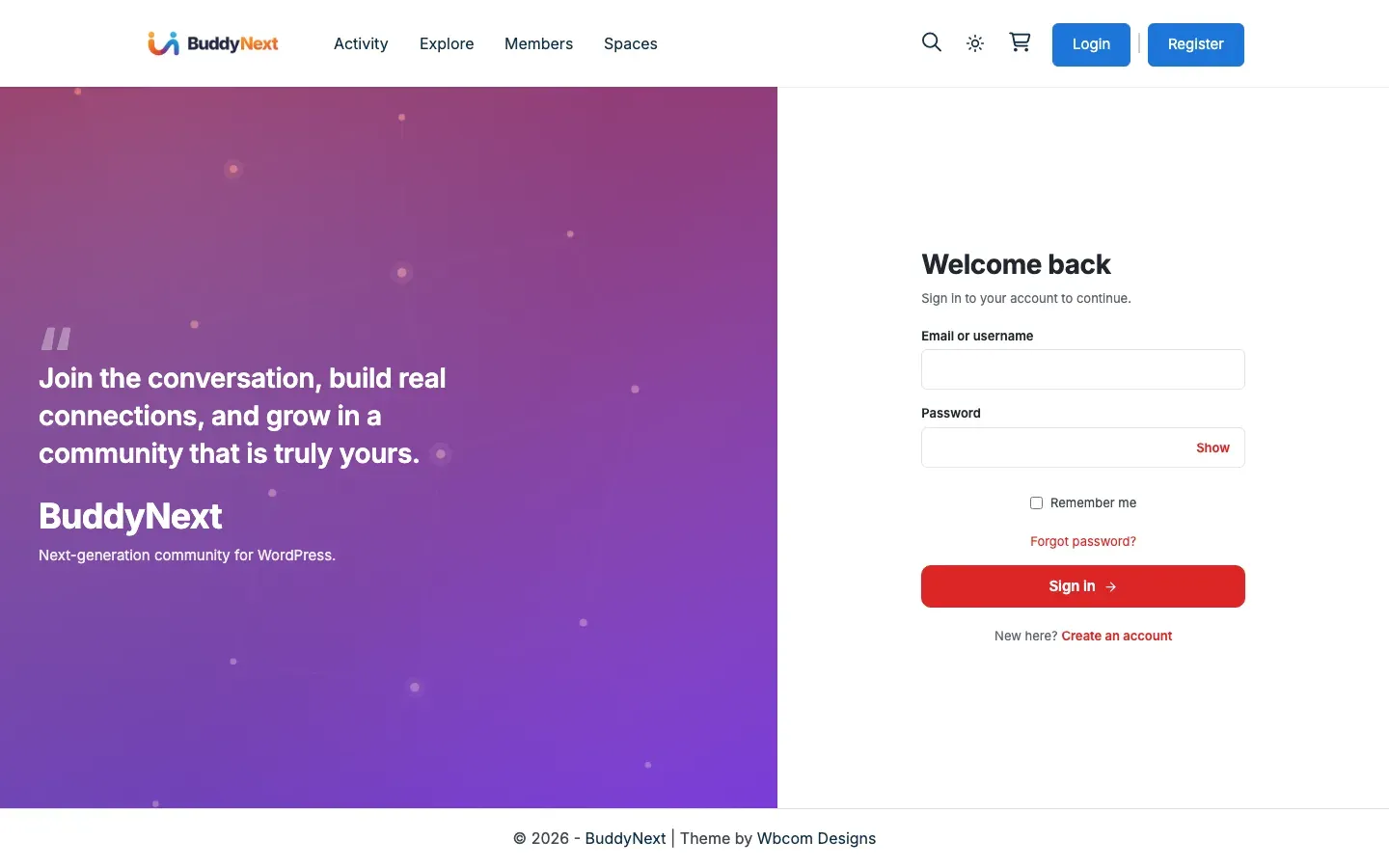 BuddyNext login form showing social sign-in buttons