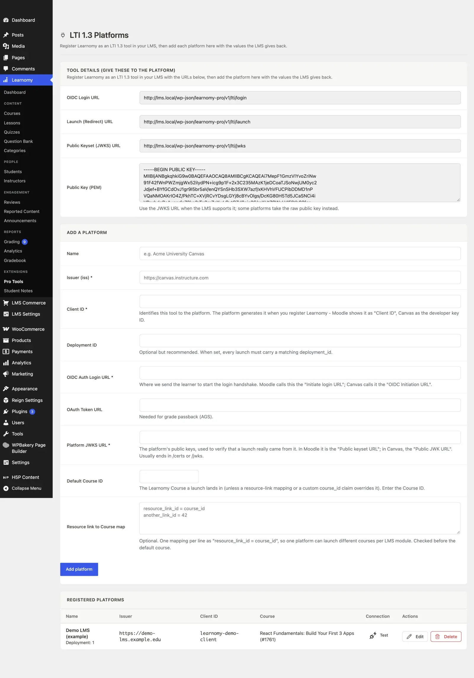The LTI Platforms screen in wp-admin showing the tool URLs and a registered platform