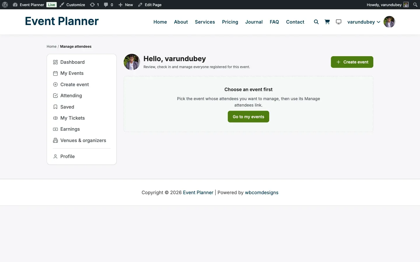 The manage-attendees block with no event selected, showing “Choose an event first” and a Go to my events button inside the member dashboard