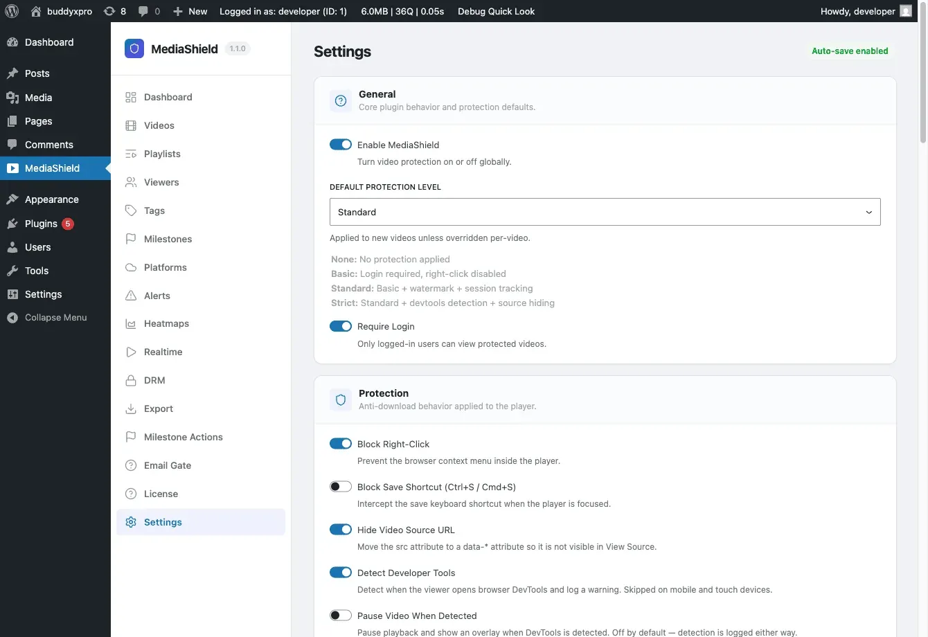 The MediaShield plugin Settings page showing General, Watermark, Access Control, and Player Controls sections