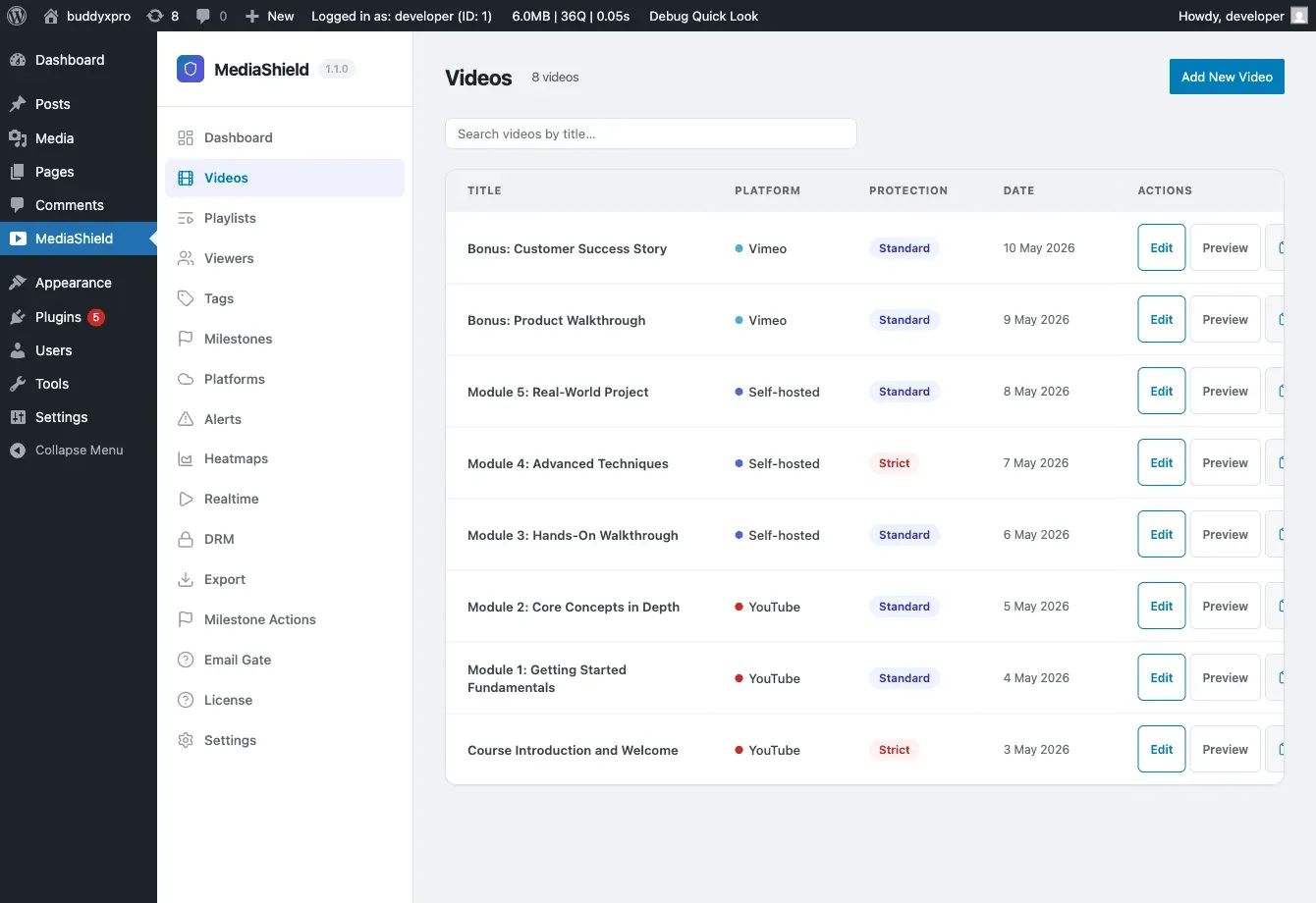 MediaShield Videos admin list showing 8 videos across YouTube, Vimeo, and self-hosted with Standard and Strict protection badges